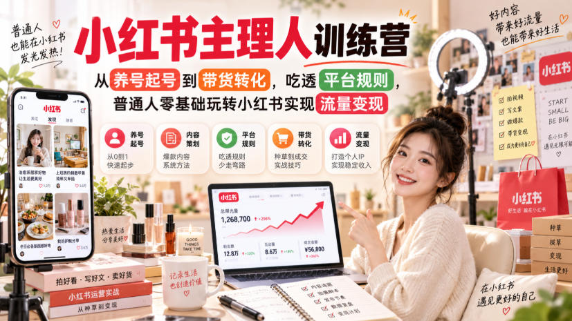 小红书主理人训练营，从养号起号到带货转化，吃透平台规则，普通人零基础玩转小红书实现流量变现 - 臻优资源网