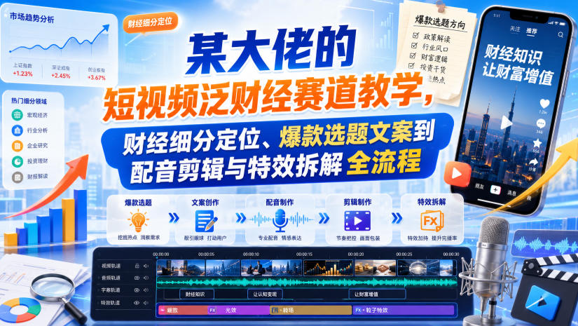 某大佬的短视频泛财经赛道教学，财经细分定位、爆款选题文案到配音剪辑与特效拆解全流程 - 臻优资源网