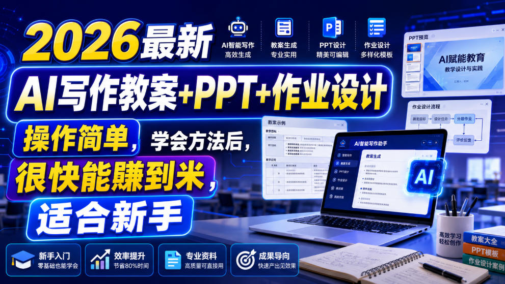 2026最新AI写作教案+PPT+作业设计，操作简单，学会方法后，很快能賺到米，适合新手 - 臻优资源网