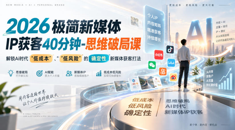 2026极简新媒体IP获客40分钟-思维破局课，解锁Ai时代“低成本”、“低风险”的确定性新媒体获客打法 - 臻优资源网