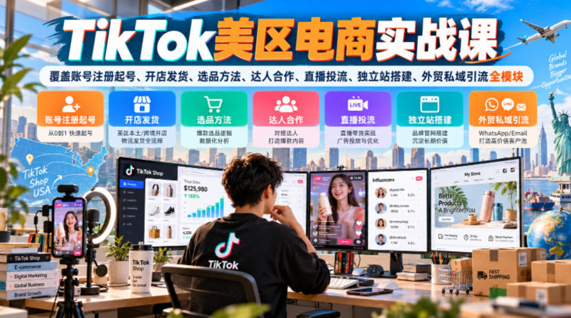 TikTok美区电商实战课，覆盖账号注册起号、开店发货、选品方法、达人合作、直播投流、独立站搭建、外贸私域引流全模块 - 臻优资源网
