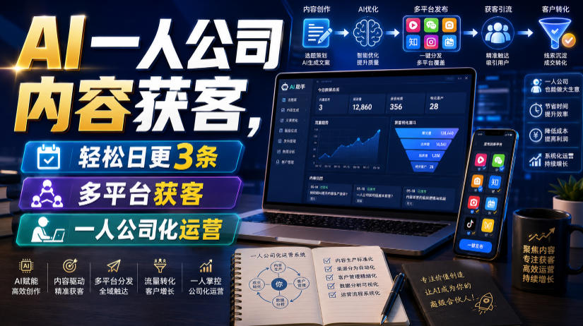 AI一人公司内容获客，轻松日更3条，多平台获客，一人公司化运营 - 臻优资源网
