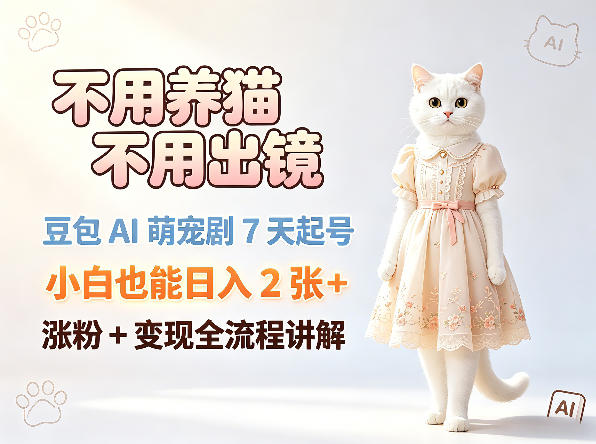 不用养猫不用出镜，豆包AI萌宠剧7天起号，小白也能日入2张+，涨粉+变现全流程讲解 - 臻优资源网