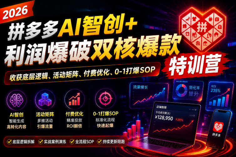 2026拼多多AI智创+利润爆破双核爆款特训营，收获底层逻辑、活动矩阵、付费优化、0-1打爆SOP - 臻优资源网