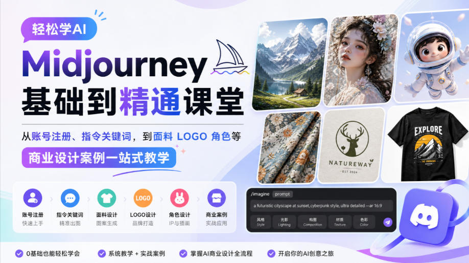 轻松学AI Midjourney基础到精通课堂，从账号注册、指令关键词，到面料LOGO角色等商业设计案例一站式教学 - 臻优资源网