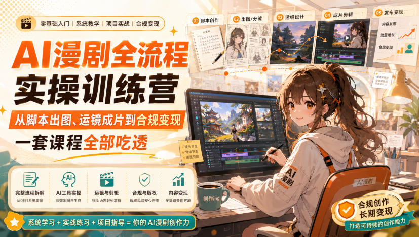 AI漫剧全流程实操训练营，从脚本出图、运镜成片到合规变现，一套课程全部吃透 - 臻优资源网