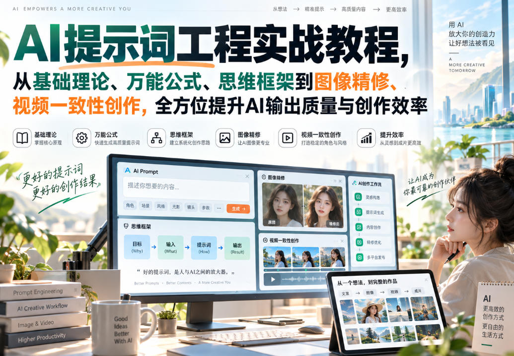 AI提示词工程实战教程，从基础理论、万能公式、思维框架到图像精修、视频一致性创作，全方位提升AI输出质量与创作效率 - 臻优资源网