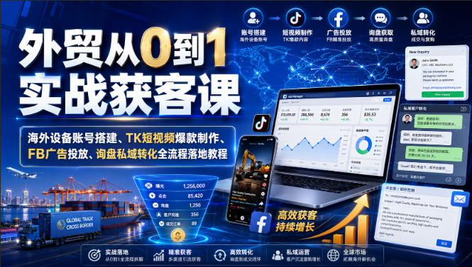 外贸从0到1实战获客课｜海外设备账号搭建、TK短视频爆款制作、FB广告投放、询盘私域转化全流程落地教程 - 臻优资源网