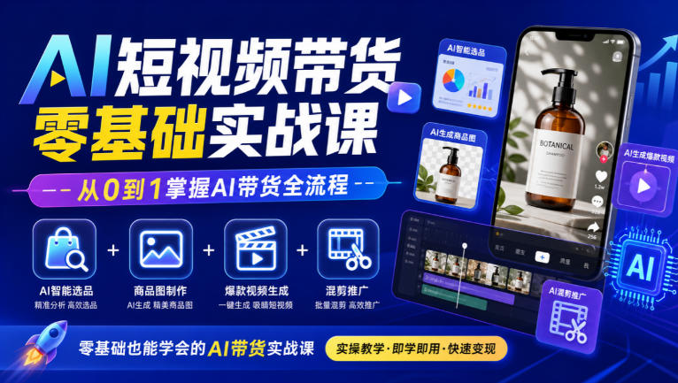 AI短视频带货零基础实战课｜AI智能选品+商品图制作+爆款视频生成+混剪推广，从0到1掌握AI带货全流程 - 臻优资源网