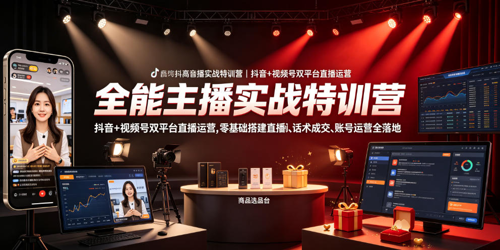 全能主播实战特训营｜抖音+视频号双平台直播运营，零基础搭建直播间、精准选品、话术成交、账号运营全落地 - 臻优资源网
