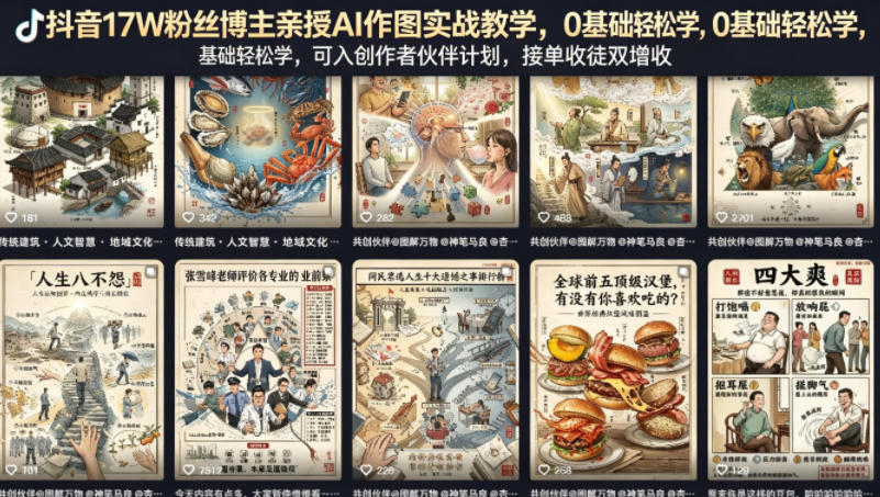 抖音17W粉丝博主亲授AI作图实战教学，0基础轻松学，可入创作者伙伴计划，接单收徒双增收 - 臻优资源网