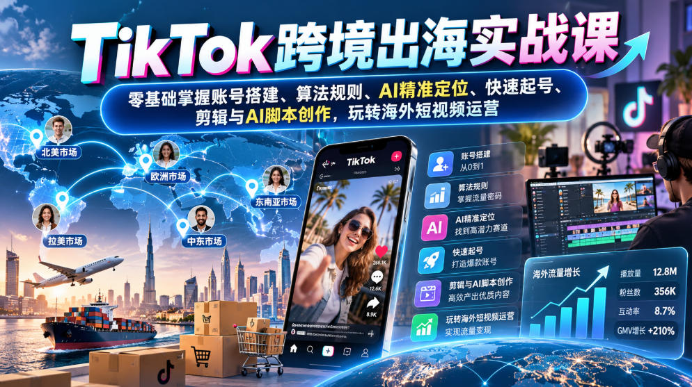 TikTok跨境出海实战课：零基础掌握账号搭建、算法规则、AI精准定位、快速起号、剪辑与AI脚本创作，玩转海外短视频运营 - 臻优资源网