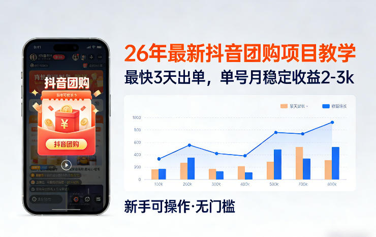 26年最新抖音团购项目教学，0门槛，最快3天出单，单号月稳定收益2-3k - 臻优资源网
