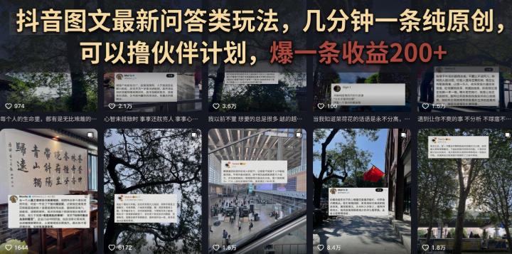 抖音图文最新问答类玩法，几分钟一条纯原创，可以撸伙伴计划，爆一条收益200+ - 臻优资源网