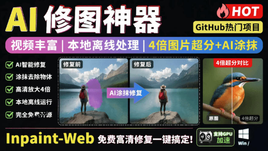 本地离线处理，4倍图片超分+AI涂抹去水印！Github上热门神器，免费高清修复图一键搞定！Inpaint-Web - 臻优资源网