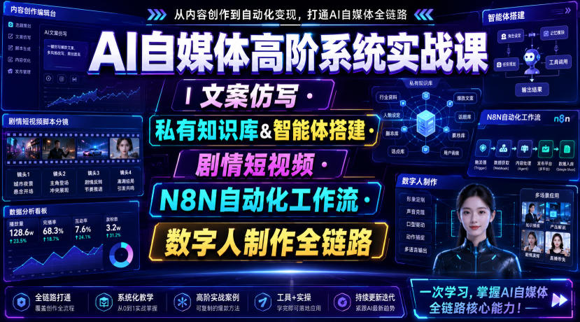 AI自媒体高阶系统实战课｜文案仿写・私有知识库&智能体搭建・剧情短视频・N8N自动化工作流・数字人制作全链路 - 臻优资源网