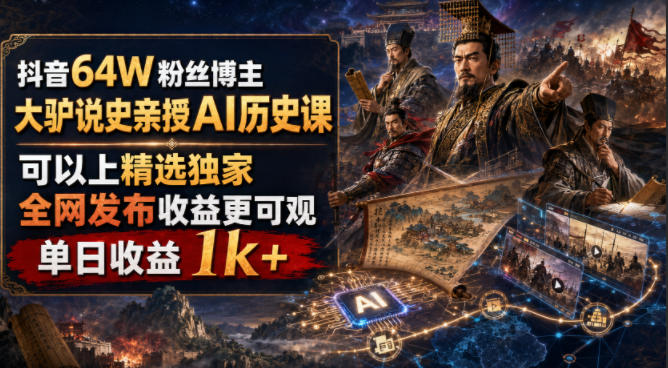 抖音64W粉丝博主大驴说史亲授AI历史课，可以上精选独家，全网发布收益更可观，单日收益1k+ - 臻优资源网