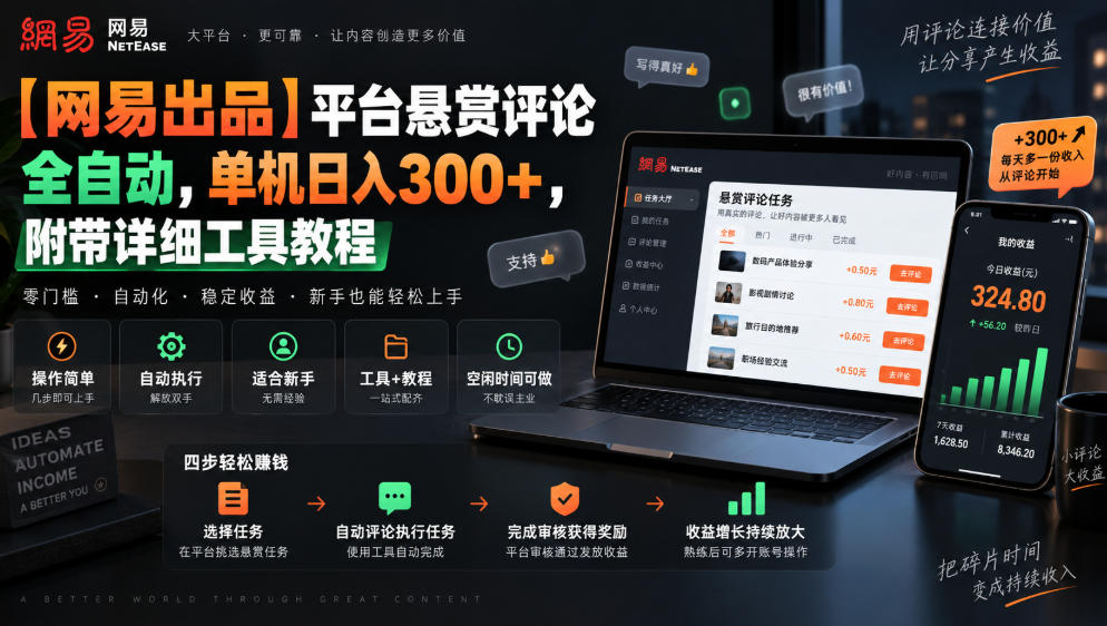 【网易出品】平台悬赏评论全自动，单机日入300+，附带详细工具教程【揭秘】 - 臻优资源网