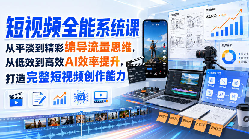 短视频全能系统课，从平淡到精彩编导流量思维，从低效到高效AI效率提升，打造完整短视频创作能力（2026年8月30更新233集） - 臻优资源网
