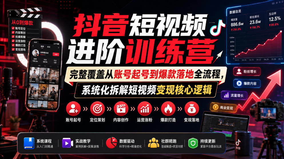 抖音短视频进阶训练营，完整覆盖从账号起号到爆款落地全流程，系统化拆解短视频变现核心逻辑 - 臻优资源网