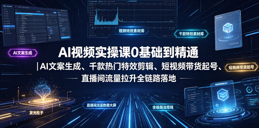 AI视频实操课0基础到精通｜AI文案生成、千款热门特效剪辑、短视频带货起号、直播间流量拉升全链路落地 - 臻优资源网