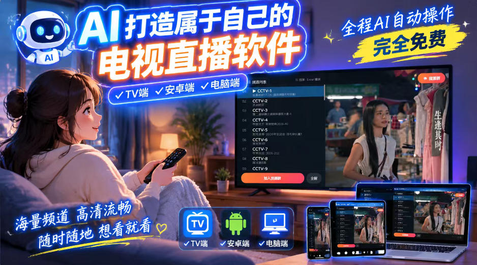 一个提示词,AI全自动做出电视直播软件,电脑、安卓、电视三端通用,完全免费,画质流畅不卡顿 - 臻优资源网