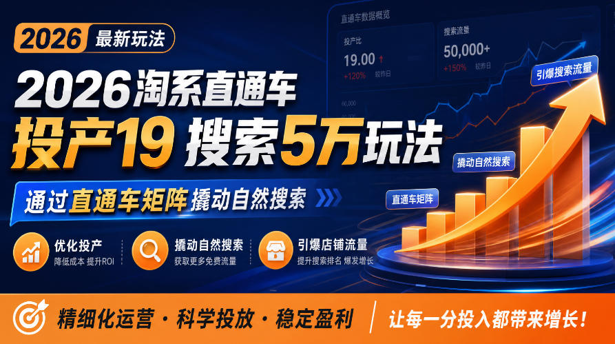 2026淘系直通车投产19搜索5万玩法，通过直通车矩阵撬动自然搜索，帮助商家优化投产，引爆店铺搜索流量 - 臻优资源网