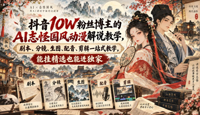 抖音10W粉丝博主的AI志怪国风动漫解说教学，剧本、分镜、生图、配音、剪辑一站式教学，能挂精选也能进独家​ - 臻优资源网