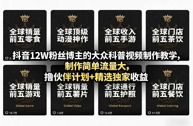 抖音12W粉丝博主的大众科普视频制作教学，制作简单流量大，撸伙伴计划+精选独家收益 - 臻优资源网