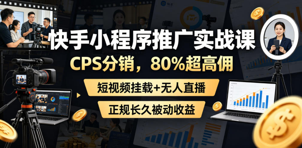 快手小程序推广实战课，CPS分销，80%超高佣，短视频挂载+无人直播，正规长久被动收益 - 项目资源网