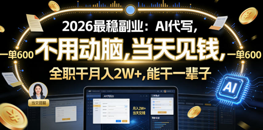 2026最稳副业：AI代写，不用动脑，当天见钱，一单600，全职干月入2W+，能干一辈子【揭秘】 - 项目资源网