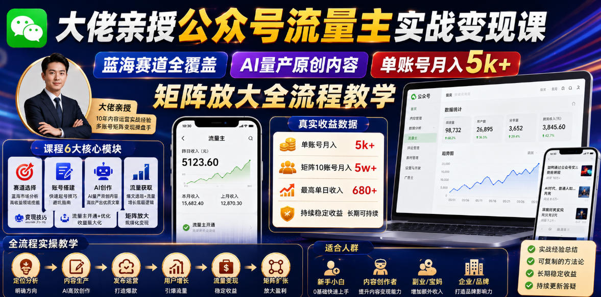 大佬亲授公众号流量主实战变现课，蓝海赛道全覆盖，AI量产原创内容，单账号月入5k+矩阵放大全流程教学 - 项目资源网