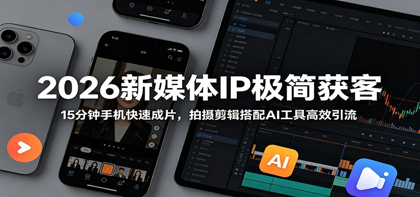 2026新媒体IP极简获客：15分钟手机快速成片，拍摄剪辑搭配AI工具高效引流 - 项目资源网