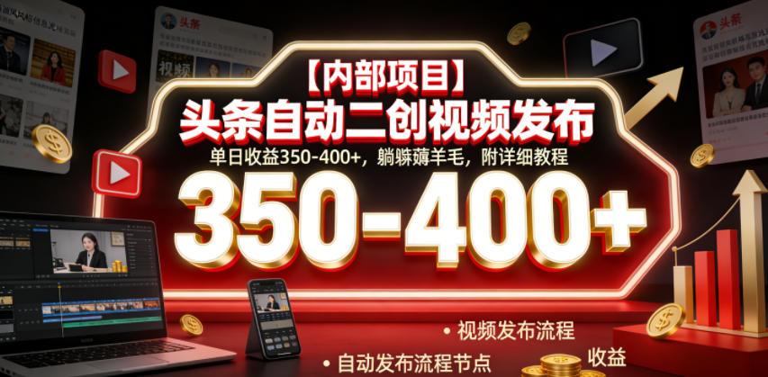 【内部项目】头条自动二创视频发布，单日收益350-400+，躺賺薅羊毛，附详细教程【揭秘】 - 项目资源网