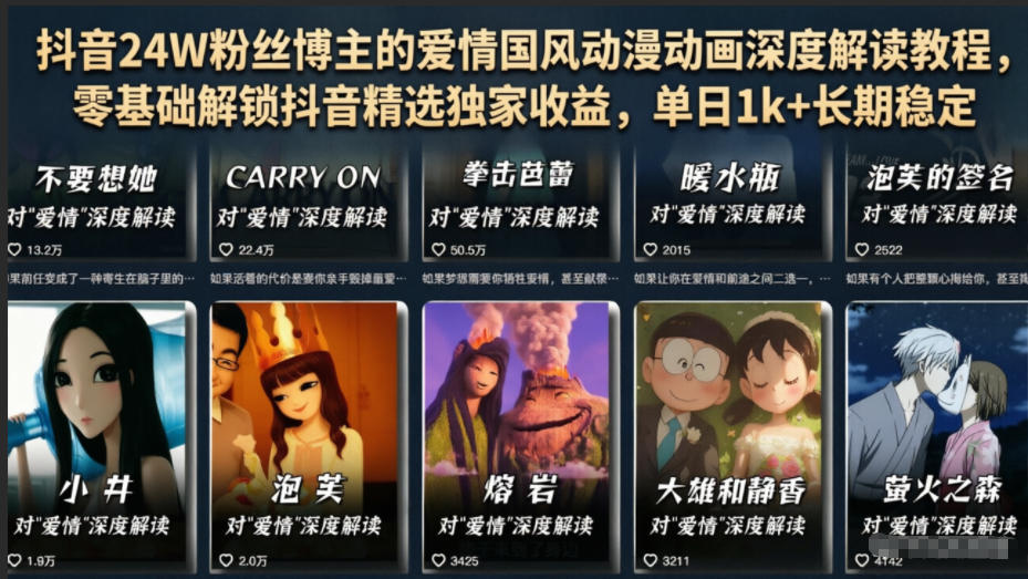 抖音24W粉丝博主的爱情国风动漫动画深度解读教程，零基础解锁抖音精选独家收益，单日1k+长期稳定 - 项目资源网