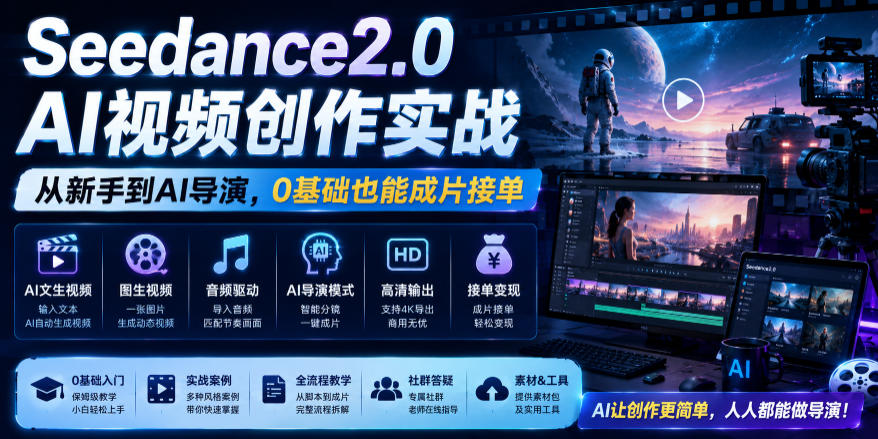 Seedance2.0 AI视频创作实战，从新手到AI导演，0基础也能成片接单变现 - 项目资源网