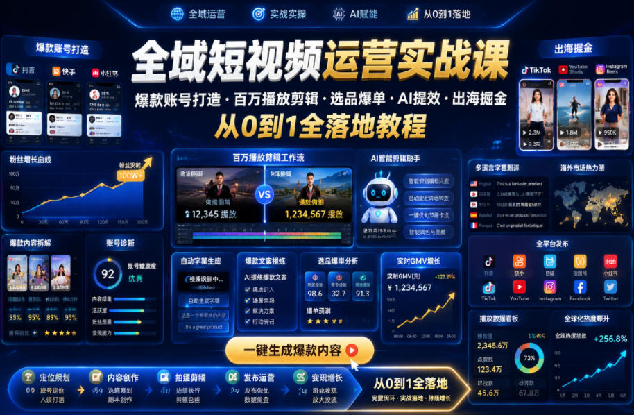 全域短视频运营实战课，爆款账号打造・百万播放剪辑・选品爆单・AI提效・出海掘金，从0到1全落地教程 - 项目资源网