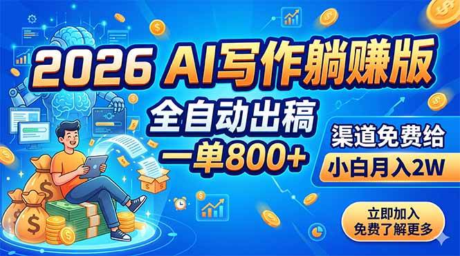 （18885期）2026 AI写作躺赚版：全自动出稿，一单800+，渠道免费给，小白月入2W - 项目资源网