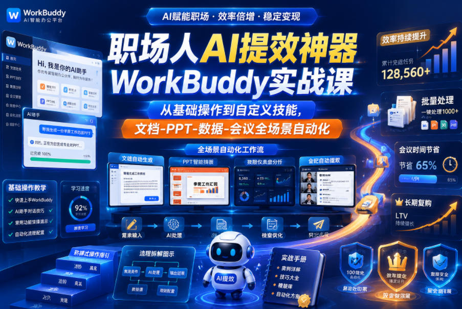 职场人AI提效神器WorkBuddy实战课，从基础操作到自定义技能，文档-PPT-数据-会议全场景自动化 - 项目资源网