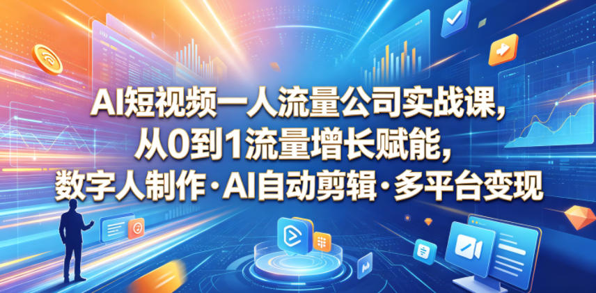 AI短视频一人流量公司实战课，从0到1流量增长赋能，数字人制作・AI自动剪辑・多平台变现，一人做流量生意全落地教程 - 项目资源网