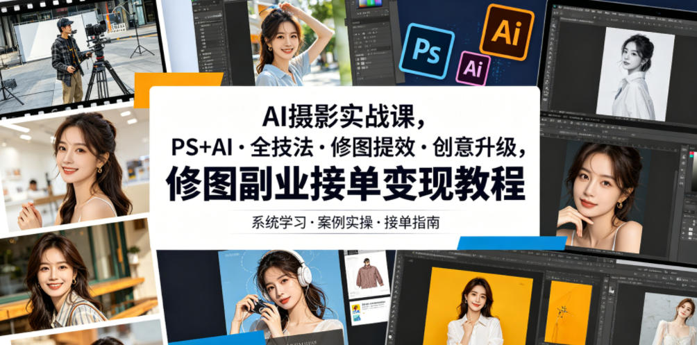 AI摄影实战课，PS+AI・全技法・修图提效・创意升级，修图副业接单变现教程 - 项目资源网