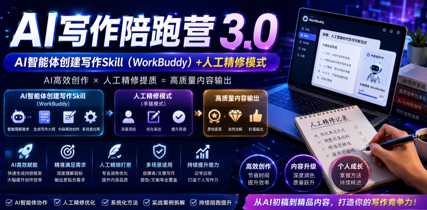 AI写作陪跑营3.0，Ai智能体创建写作skill（workbuddy）+人工手写模式（手搓模式），去除AI痕迹（头条号、公众号、百家号） - 项目资源网