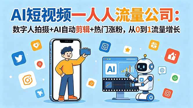 （18864期）AI短视频一人流量公司：数字人拍摄+AI自动剪辑+热门涨粉，从0到1流量增长 - 项目资源网