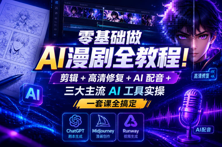 零基础做AI漫剧全教程！剪辑+高清修复+AI配音+三大主流AI工具实操，一套课全搞定 - 项目资源网